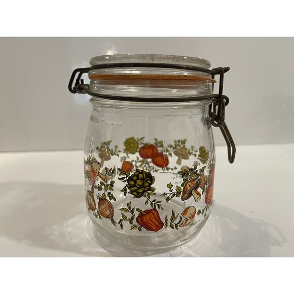 Vtg ARC France Spice Of Life Glass Jar Canister Mushroom Veggie Bail Hinged Lid - Picture 3 of 8